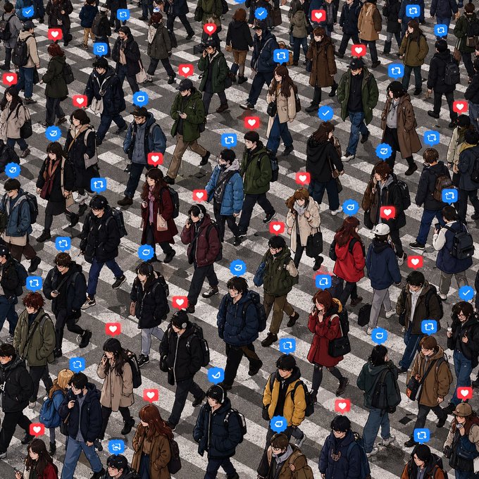An anime-style isometric illustration of a crowded crosswalk filled with people wearing winter coats, overlaid with floating blue checkmarks and red heart social media icons.
