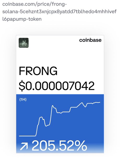 A Coinbase price tracker screenshot for the token FRONG showing a price of $0.000007042 with a 205.52% gain over 1 hour, linked from a coinbase.com URL.