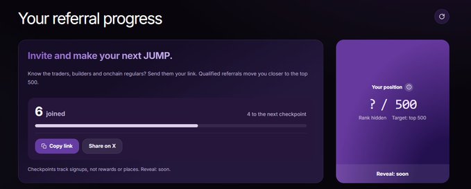 A screenshot of a referral progress page titled "Your referral progress," showing "6 joined" out of "500" for a target, with options to copy a link or share on X.