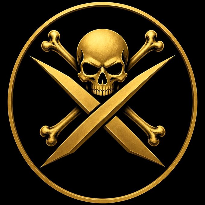 A golden emblem featuring a skull and crossbones over two crossed knives inside a circular border against a black background.