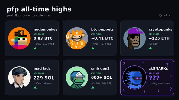 Infographic titled 'pfp all-time highs' by @molusol showing peak floor prices for NFT collections: nodemonkes (0.83 BTC), btc puppets (~0.41 BTC), cryptopunks (~125 ETH), mad lads (229 SOL), smb gen2 (600+ SOL), and zkSNARKs (??? minting now: zcash).
