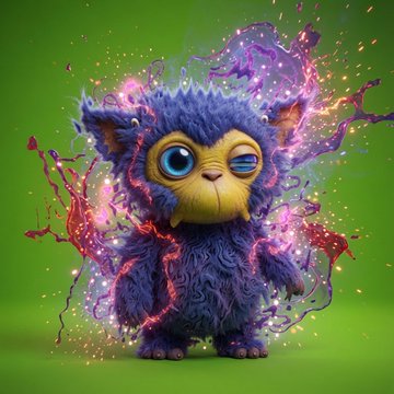 A 3D-rendered fluffy purple and yellow monster character with large blue eyes winks while surrounded by splashes of pink and magenta liquid against a bright green background.