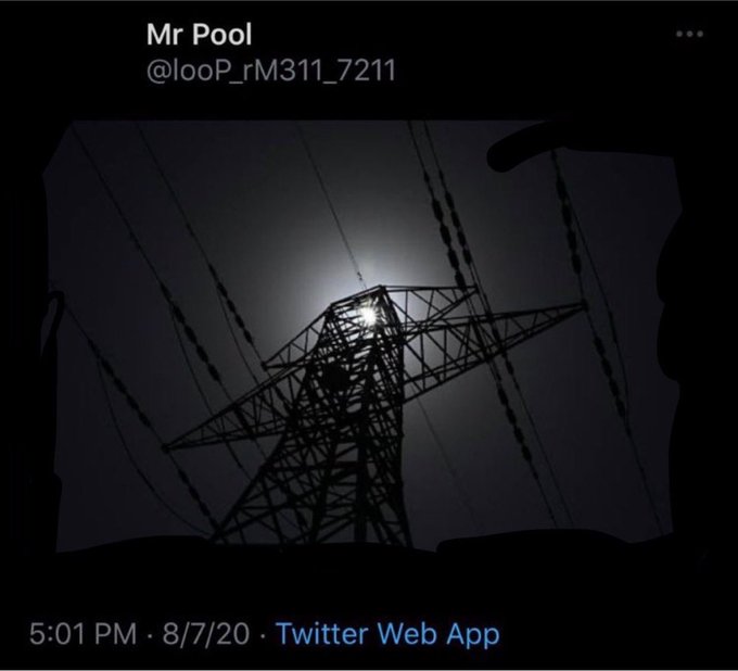 A silhouette of an electrical transmission tower stands against a dimly lit sky, framed by overhead power lines and a partially visible silhouette in the foreground. The tweet, posted by "Mr Pool" (@looP_rM311_7211) on 8/7/20, references "Blackout vibes" and the moon, suggesting a cryptic post tied to XRP and what the user calls "the plan."