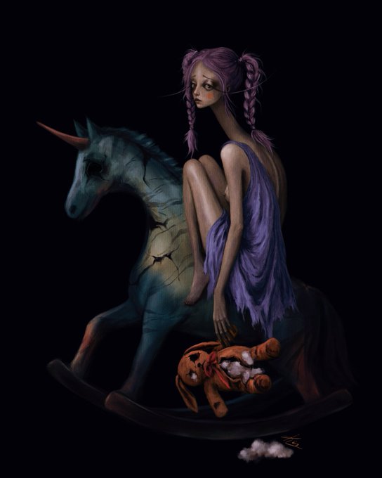 A gaunt girl with braided purple pigtails rides a cracked rocking unicorn, clutching a threadbare bunny toy against a black backdrop, evoking the eerie nostalgia of abandoned childhood. The post's dark take on memory ties to the artwork's haunted doll-like figure and her worn stuffed animal, embodying the "one-star review" on growing up.