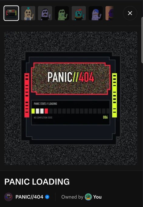 Digital NFT card titled 'PANIC//404' with a static TV screen aesthetic, showing 'PANIC STATE // LOADING' at 086% completion and 'NO COMPLETION STATE' text.