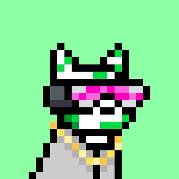 Pixel art trash-themed character with green accents and pink visor on a light green background.
