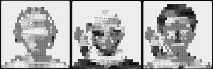Three stylized portraits of men rendered in a dotted, halftone pixel art style in black, white, and gray tones.