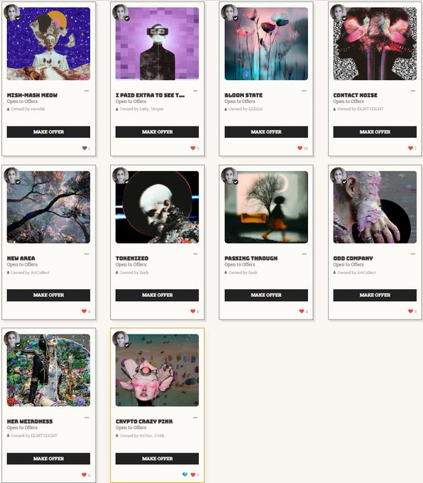 A gallery of digital art NFT listings showing various artworks with titles like 'KISH-KASH MESH', 'BLOOM STATE', 'CONTACT NOISE', and 'NEW AREA', each displaying 'Open to Offers' status with a 'MAKE OFFER' button.