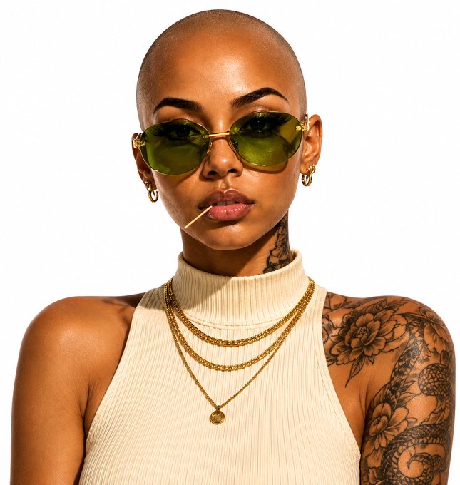 A portrait of a bald woman wearing green-tinted sunglasses, a cream-colored sleeveless turtleneck top, layered gold necklaces, with visible tattoos on her shoulder, holding a toothpick in her mouth.