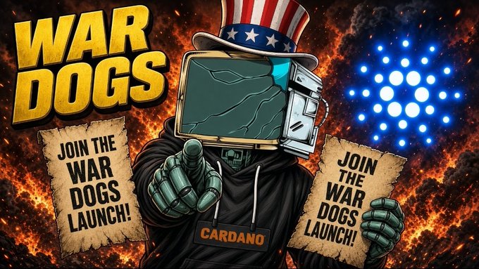 Promotional artwork for 'WAR DOGS' featuring a hooded character with a cracked TV for a head wearing an American top hat, holding signs that read 'JOIN THE WAR DOGS LAUNCH!' against a fiery background, with 'CARDANO' on the chest and a blue dot logo resembling Cardano/ADA branding.
