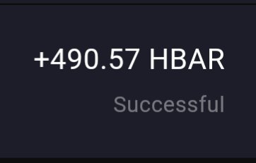 A dark screen displaying a successful cryptocurrency transaction notification showing "+490.57 HBAR" with the status "Successful" below.