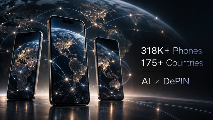 A sleek promotional graphic showing three smartphones displaying a connected Earth map, with text reading '318K+ Phones', '175+ Countries', and 'AI x DePIN'.
