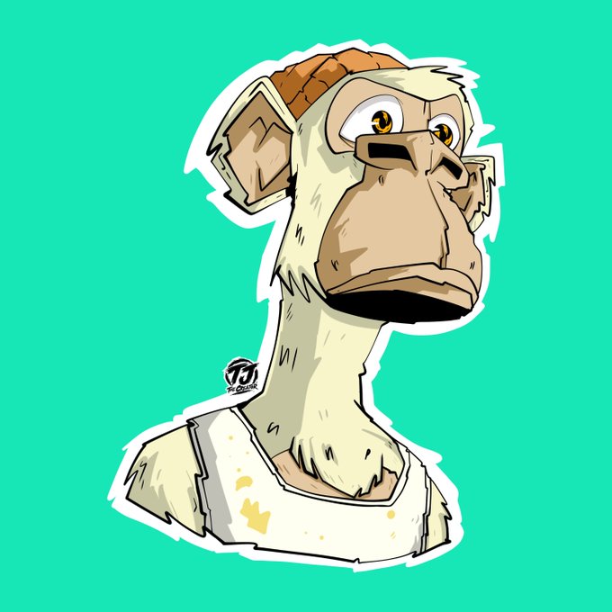 A cartoon illustration of a long-necked, monkey-like creature wearing a beanie and a white shirt, set against a solid teal background, with a '777' artist signature visible.
