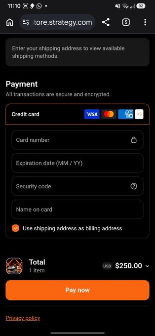 A mobile screenshot of a payment page on 'store.strategy.com' showing credit card input fields for Visa, Mastercard, and American Express, with a total of 'USD $250.00' and an orange 'Pay now' button.