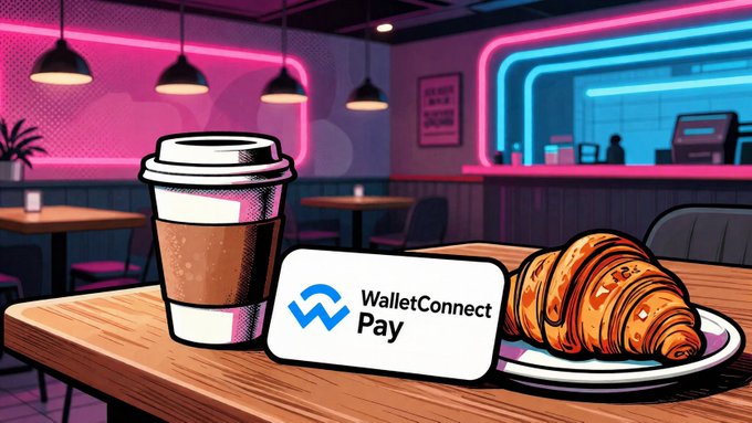 The image features a coffee cup with a pastry, likely a croissant or a similar breakfast item, placed on a table. The background of the image shows a restaurant setting with neon lights and tables. There are two chairs visible near the dining area. A sign is displayed in the foreground that says "WalletConnect Pay". This suggests that the coffee shop uses a digital payment system to accept credit cards or other forms of payment, offering cashback benefits for customers who choose this method of payment.