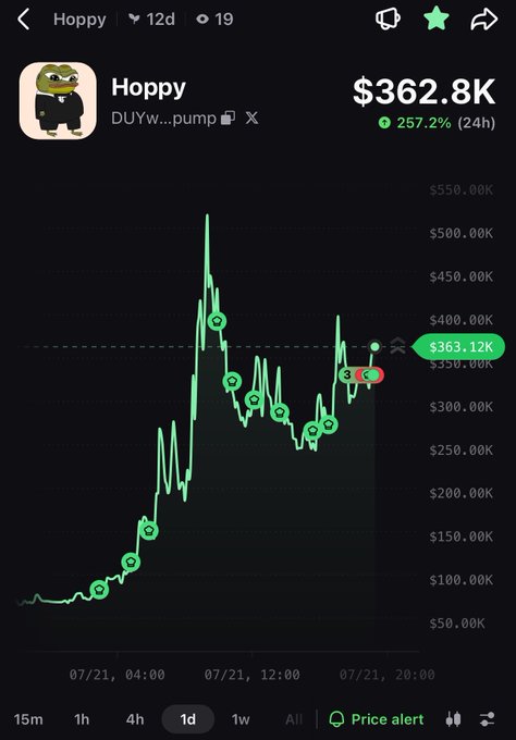 A crypto price tracking app showing a token named 'Hoppy' with a frog avatar at a value of $362.8K, displaying a 257.2% increase over 24 hours on a green line chart.