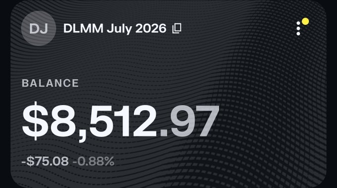 A Robinhood account screenshot for 'DJ' showing DLMM July 2026 with a balance of $8,512.97, down $75.08 (-0.88%).