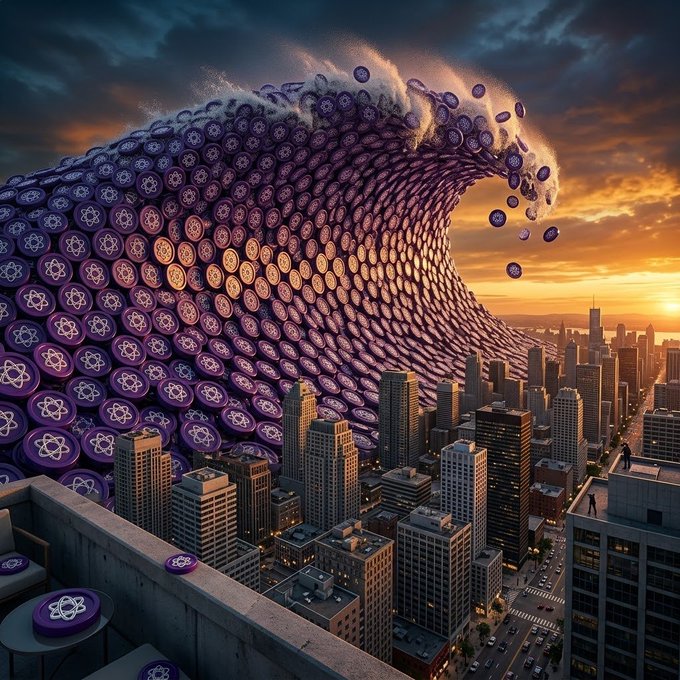 A surreal digital artwork showing a massive tsunami-like wave made of purple coins or tokens with atomic symbols crashing over a city skyline at sunset.