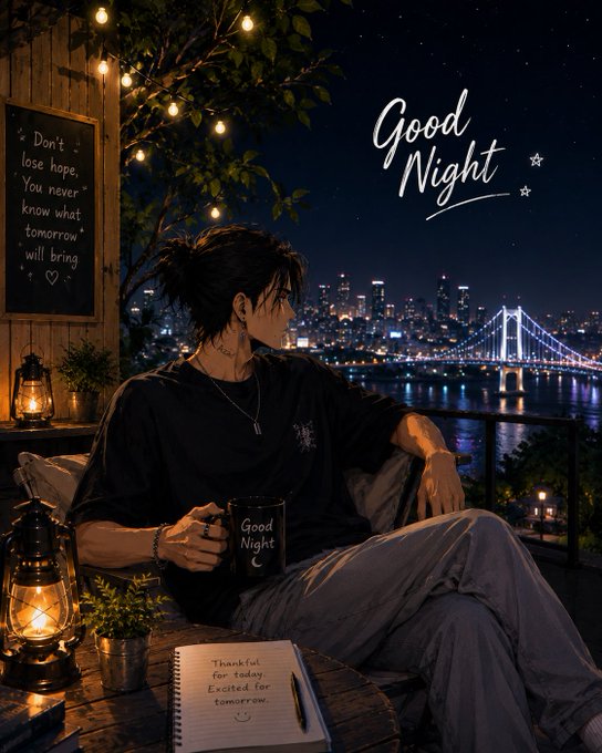 An anime-style illustration depicts a dark-haired young man sitting on a balcony at night holding a "Good Night" mug, with a city skyline and bridge in the background, alongside a chalkboard reading "Don't lose hope, You never know what tomorrow will bring ♡".