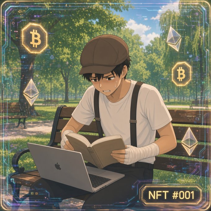 An anime-style NFT artwork labeled 'NFT #001' showing a young man with bandaged hands reading a book on a park bench with a laptop, surrounded by Bitcoin and Ethereum symbols.