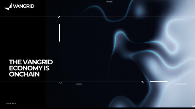 A promotional graphic for Vangrid featuring a dark background with flowing blue abstract light patterns and the tagline 'THE VANGRID ECONOMY IS ONCHAIN'.