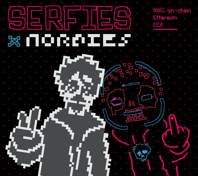 A pixel-art graphic with pink text 'SERFIES' and 'NORDICS' on a black background, featuring a skeleton figure and two hands making rock-on gestures, with text noting '100% on-chain Ethereum CC0'.