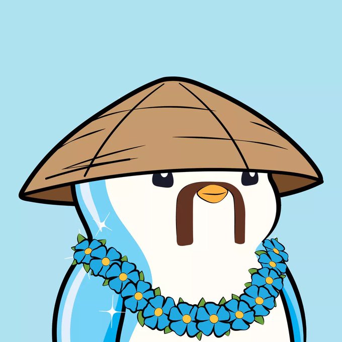 A cartoon penguin wearing a straw conical hat and a blue flower lei against a light blue background.