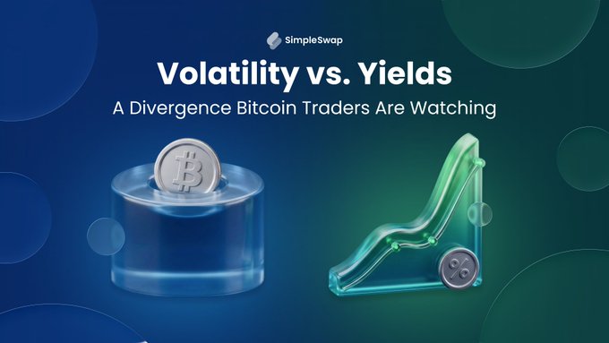 A SimpleSwap graphic titled 'Volatility vs. Yields: A Divergence Bitcoin Traders Are Watching' displays a Bitcoin coin on a pedestal next to an upward trending graph.