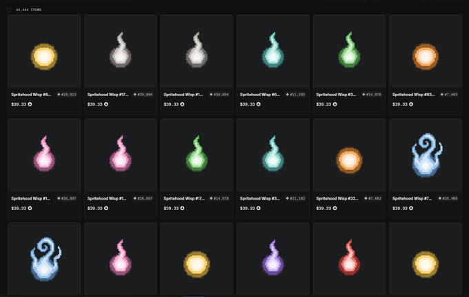 A digital marketplace interface displaying various 'Spritehood Wisp' NFT items with different elemental designs (fire, wind, lightning, soul, etc.) each priced at $39.33 with differing USD values shown above.