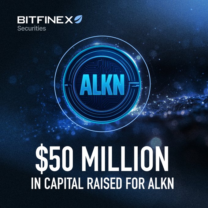 A Bitfinex Securities promotional graphic announcing '$50 MILLION IN CAPITAL RAISED FOR ALKN', featuring a glowing blue circular logo.