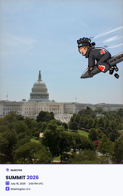 An Injective Summit 2026 promotional graphic dated July 16, 2026 in Washington D.C., featuring a cartoon ninja flying on a rocket past the U.S. Capitol building.