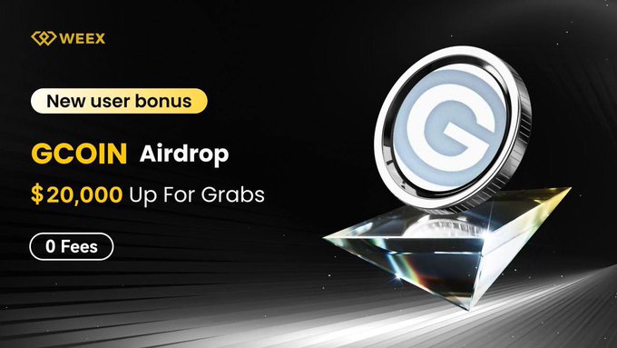 The image features a coin advertisement with a pyramid-shaped glass object, possibly a diamond or crystal, placed on top of it. The background of the image is black, which contrasts with the white text that reads "GCOIN AIRDROP". Below this, there are two lines of text providing information about the promotion: "New Users Exclusive Share of 20,000 USDT Up for Grabs Everyone Gets a Reward" and "Focus on what is in the image and how it relates to the post". The main focus of the image is the coin itself.
