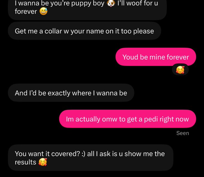 The image shows a playful text exchange where one person expresses wanting to be the other's "puppy boy" and asks for a collar with their name on it, while the other responds with affection and asks to see their pedicure results. The flirty, submissive dynamic in the conversation aligns with the post's caption "god I love submissive men."