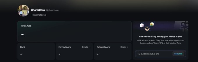 The image shows a Kaito profile dashboard for user "ChanhDoro" (@chanhdoro), displaying empty metrics for Total Aura, Rank, Earned Aura, and Referral Aura, alongside a referral link (s.kaito.ai/SX2FU6) inviting friends to join Kaito. This relates to the post about the transition from YAP points to the new Aura system in Kaito Pulse, as the dashboard visualizes a user's Aura activity and referral potential for Season 2 Airdrop eligibility.