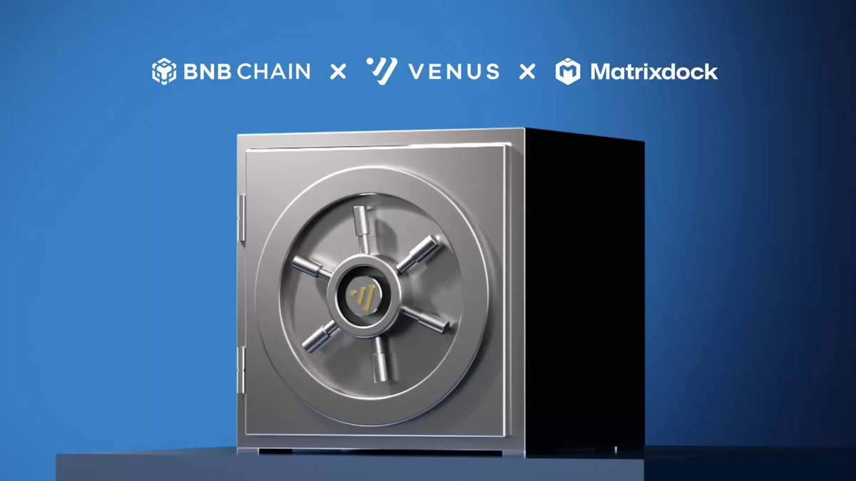 The image features a silver vault with a gold logo, which appears to be an open vault that has been updated for use by Bitcoin Core. The vault is described as a fixed-term vault, meaning it has a predetermined locking duration of 1 month. It is currently open and ready for use. The vault is located on a table against a blue background, with the text "BNBCHAIN @matrixdock" in the image description.
