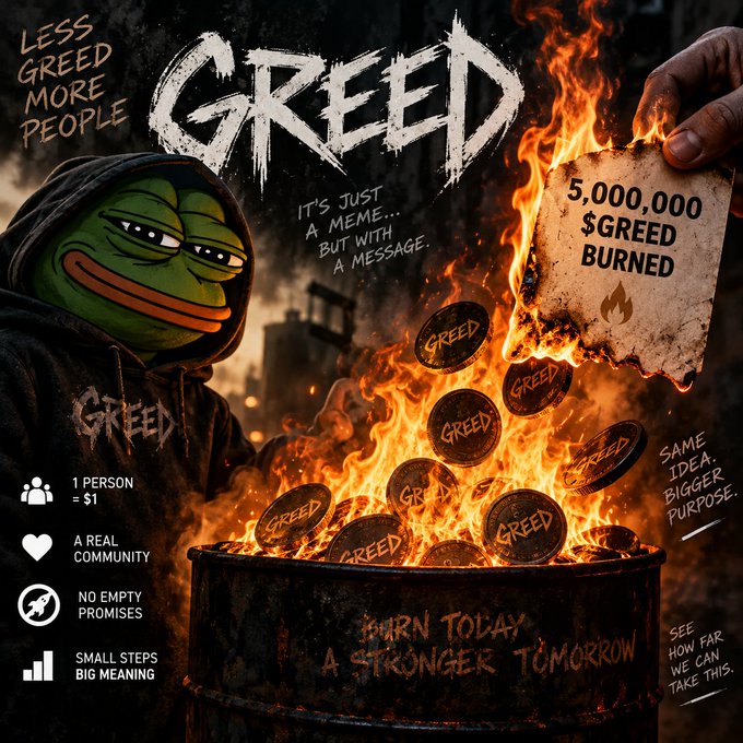 A meme poster features a Pepe the Frog character in a hooded jacket with the word "GREED" on it, standing next to a burning barrel filled with coins marked "GREED"; text reads "LESS GREED MORE PEOPLE," "IT'S JUST A MEME... BUT WITH A MESSAGE," and "5,000,000 $GREED BURNED" on a burning sign, along with slogans like "BURN TODAY, A STRONGER TOMORROW" and "SAME IDEA. BIGGER PURPOSE."