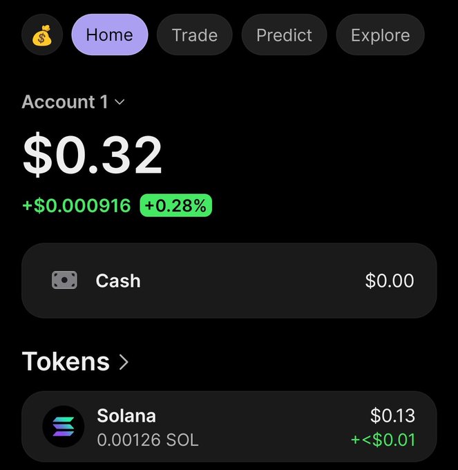 A crypto wallet app interface (Phantom) showing Account 1 with a balance of $0.32 (+0.28%), containing $0.00 cash and 0.00126 Solana ($0.13).