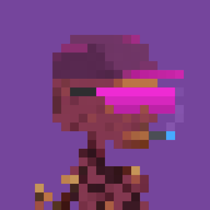 A pixel art character portrait against a solid purple background, depicting a figure with magenta and pink hair wearing dark sunglasses with a pink visor.
