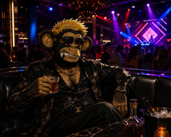 A stylized illustration of a chimpanzee with spiky blonde hair wearing sunglasses and a patterned jacket, sitting on a leather couch holding a glass of whiskey in a nightclub setting.