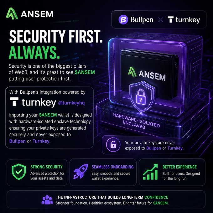 A promotional graphic for $ANSEM emphasizing 'SECURITY FIRST. ALWAYS.' detailing a partnership with Bullpen and Turnkey for hardware-isolated enclave technology.