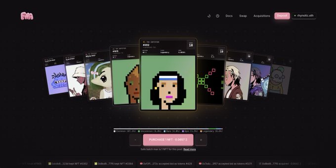 A screenshot of the NFTX protocol "Deposit" page displays a lineup of pixel-art NFTs, with the highlighted asset "Cru Kunselverse #002" trading at a Purchase Limit of 0.0057 ETH, illustrating how the pool's price dynamically adjusts based on the harmonic mean of its underlying assets as illustrated in the post.
