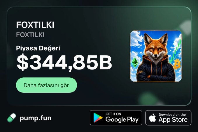 Pump.fun promotional graphic for a token called 'FOXTILKI' showing a market value of '$344,85B' next to an illustration of a fox in a hoodie with Bitcoin and Ethereum icons, offering app downloads on Google Play and the App Store.