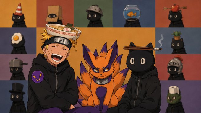 A cheerful Naruto wearing his Hidden Leaf headband sits alongside Kurama and a cat in ninja attire, surrounded by a grid of small black cat characters wearing various whimsical hats (bowler, traffic cone, colander, potted plant, knight helmet, top hat), tying into the anime and collectible NFT theme of the NYKO giveaway promotion.