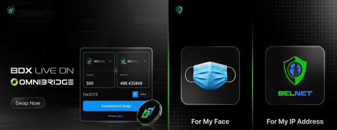 A promotional graphic for 'BDX LIVE ON OMNIBRIDGE' showing a cryptocurrency swap interface with BDX token icons, a blue face mask icon labeled 'For My Face', and a BELNET shield icon labeled 'For My IP Address'.