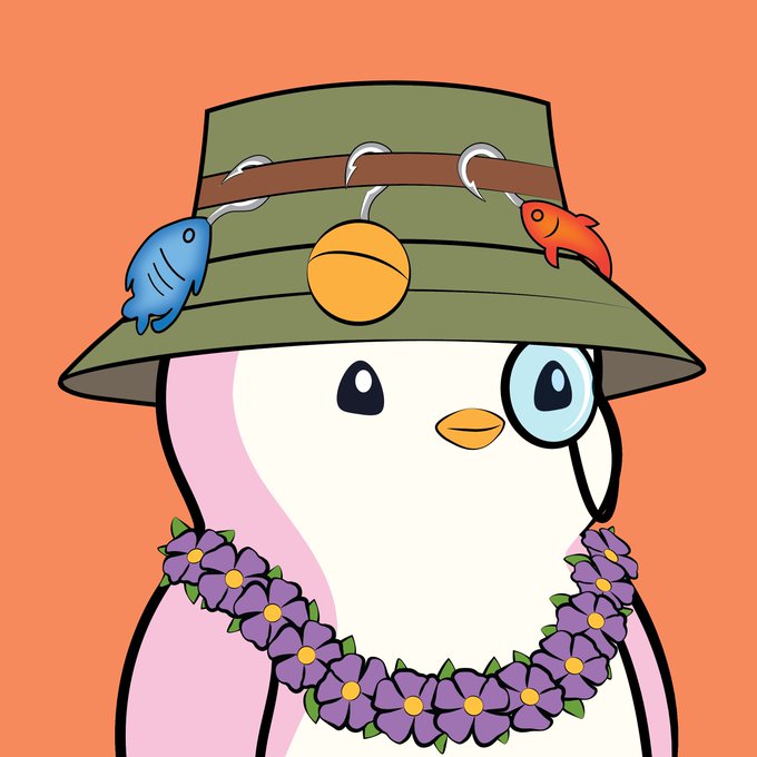 A cartoon illustration of a pink and white penguin wearing a green fishing hat with lures and a purple flower lei against an orange background.