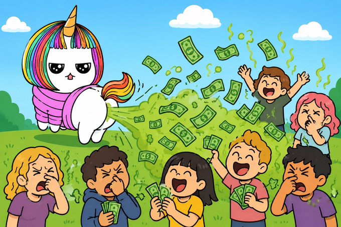 A cartoon illustration shows a rainbow-maned unicorn farting green dollar bills while various children react with disgust, laughter, and excitement.