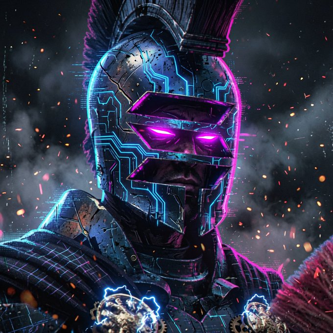 A futuristic warrior wearing a helmet with glowing pink eyes and circuit-like blue patterns stands amid smoke and floating embers, with small armored figures visible at the bottom. The accompanying post "Solana soldiers assemble" suggests this is a stylized depiction of crypto/Solana community members rallying together, with the imposing helmeted figure representing their unified digital front.