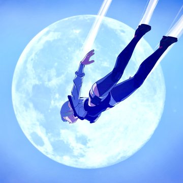 An anime-style illustration of a character with blue hair and dark clothing flying upwards through the sky against a large full moon.