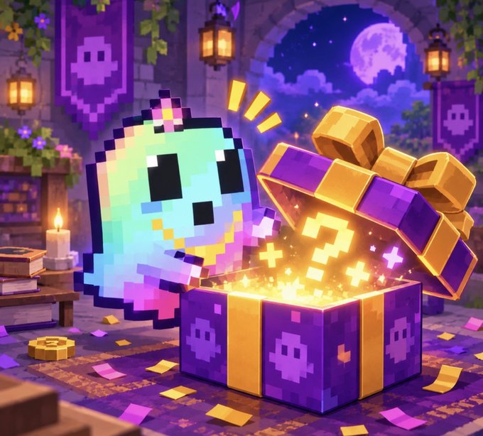 A pixel art style illustration of a cute ghost character opening a purple and gold chest filled with glowing treasure in a nighttime setting.