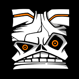 A stylized graphic illustration shows a metallic, robotic-looking tiki mask with glowing orange eyes and teeth against a black background.